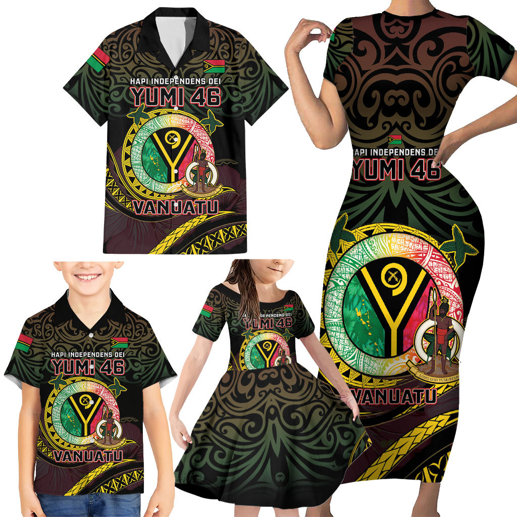 Personalised Vanuatu Family Matching Short Sleeve Bodycon Dress and Hawaiian Shirt Yumi 46th Hapi Independens Dei - Black Version LT14 - Polynesian Pride