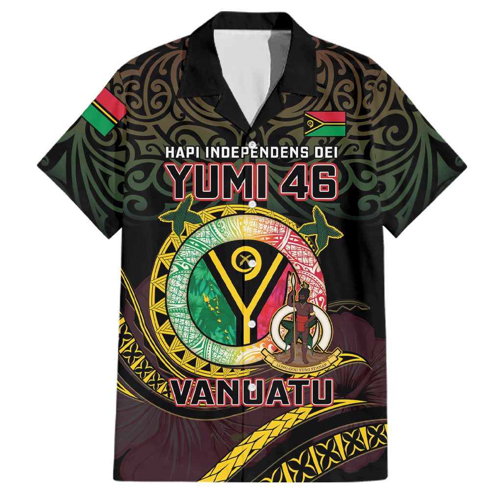 Personalised Vanuatu Family Matching Short Sleeve Bodycon Dress and Hawaiian Shirt Yumi 46th Hapi Independens Dei - Black Version LT14 Dad's Shirt - Short Sleeve Black - Polynesian Pride