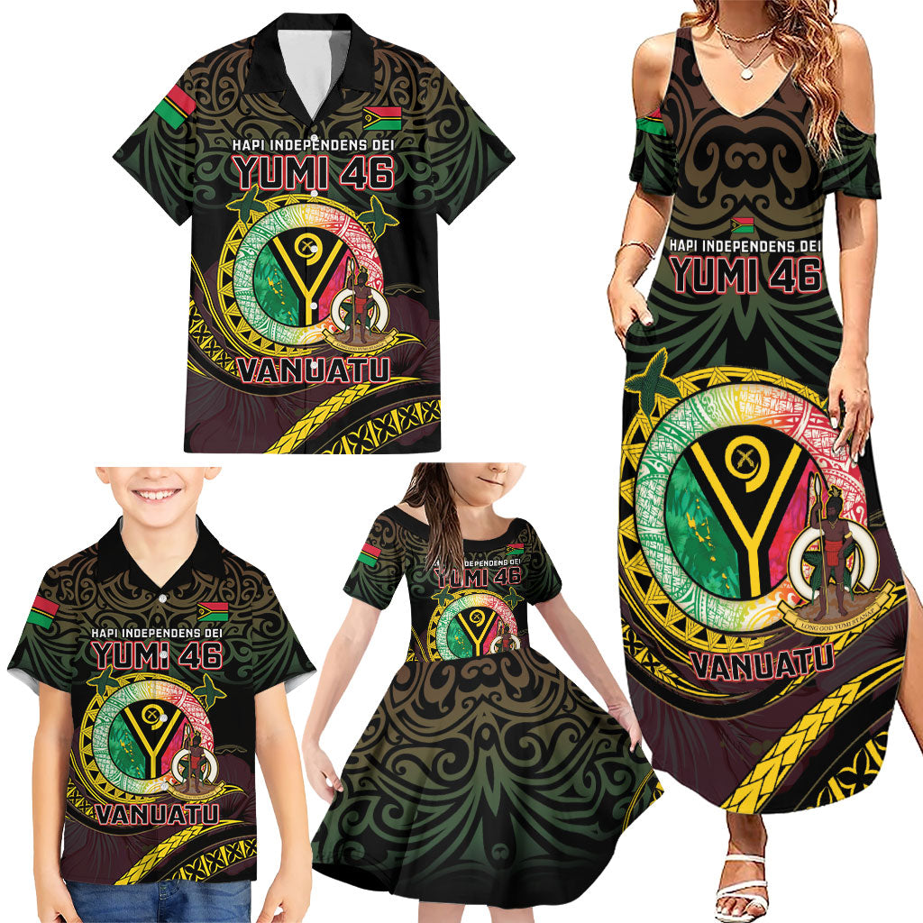 Personalised Vanuatu Family Matching Summer Maxi Dress and Hawaiian Shirt Yumi 46th Hapi Independens Dei - Black Version LT14 - Polynesian Pride