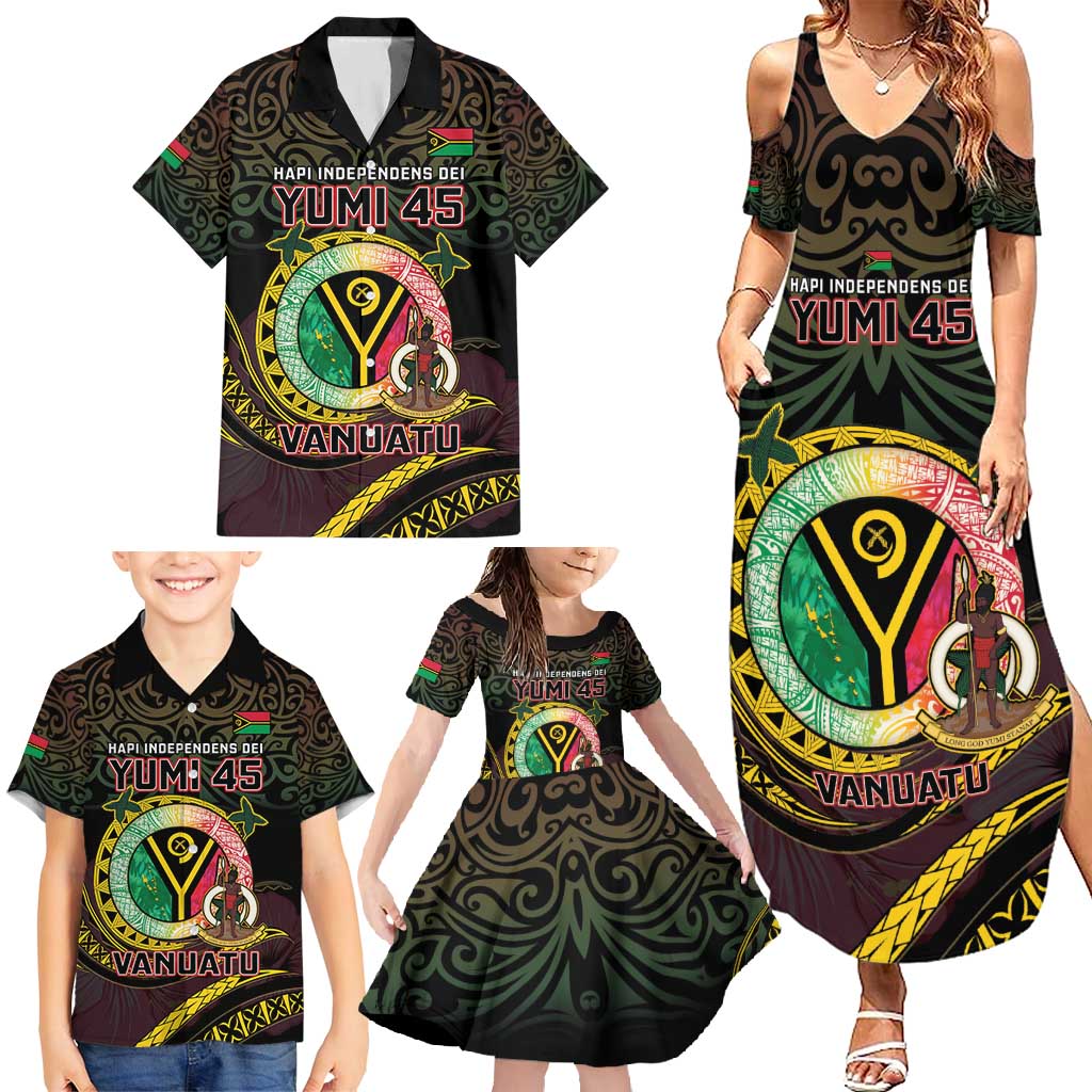Personalised Vanuatu Family Matching Summer Maxi Dress and Hawaiian Shirt Yumi 45th Hapi Independens Dei - Black Version LT14 - Polynesian Pride