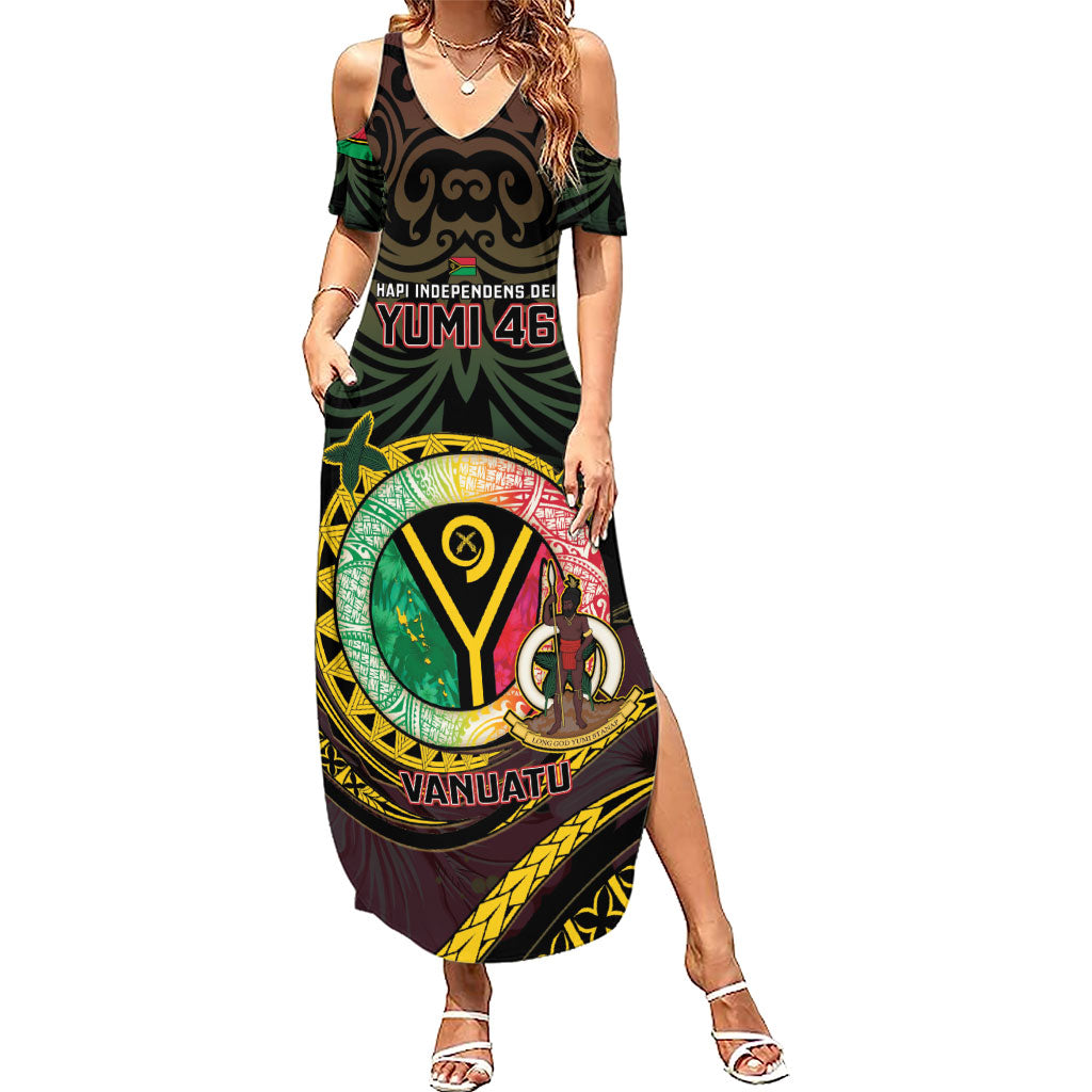 Personalised Vanuatu Family Matching Summer Maxi Dress and Hawaiian Shirt Yumi 46th Hapi Independens Dei - Black Version LT14 Mom's Dress Black - Polynesian Pride