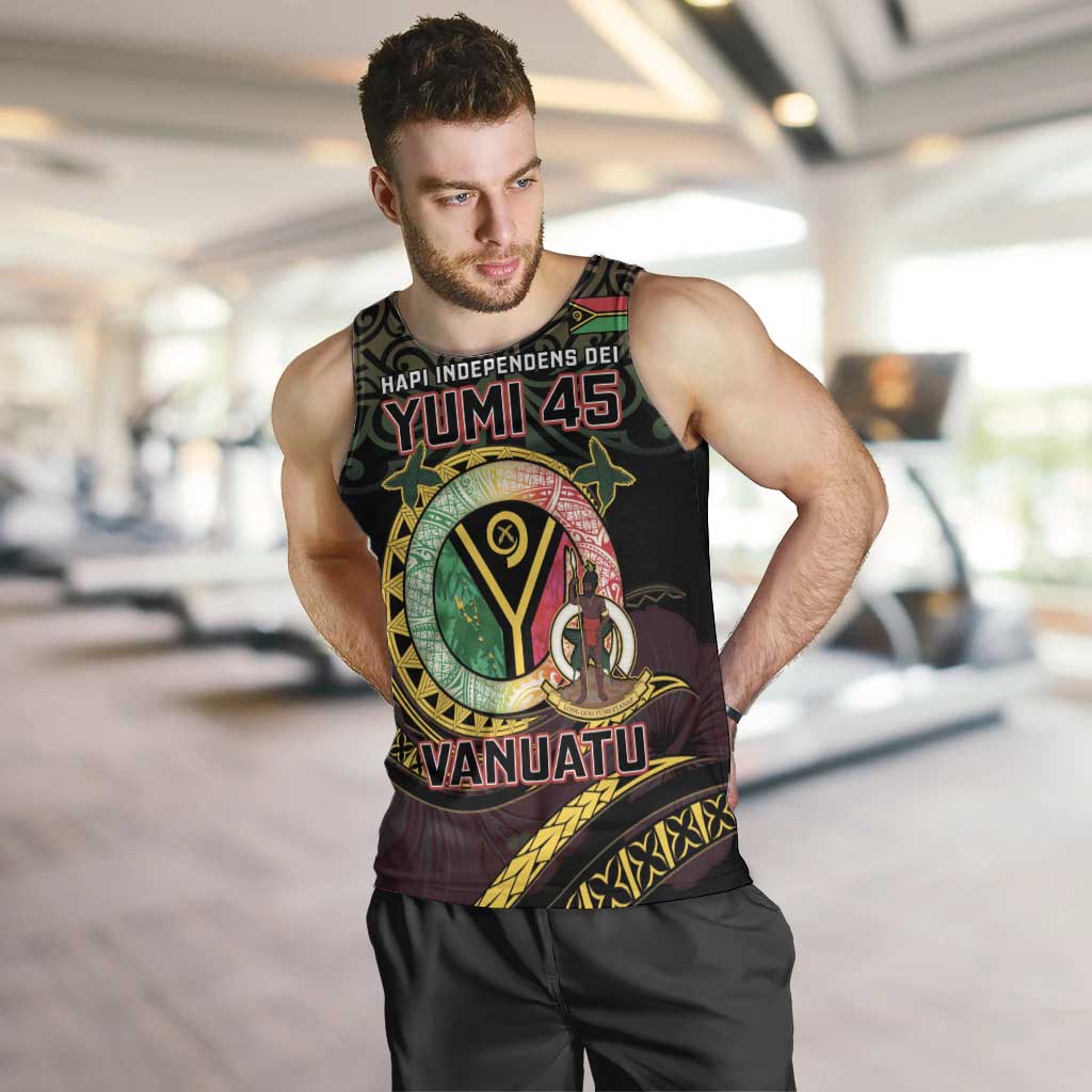 Personalised Vanuatu Men Tank Top Yumi 45th Hapi Independens Dei - Black Version LT14 Black - Polynesian Pride
