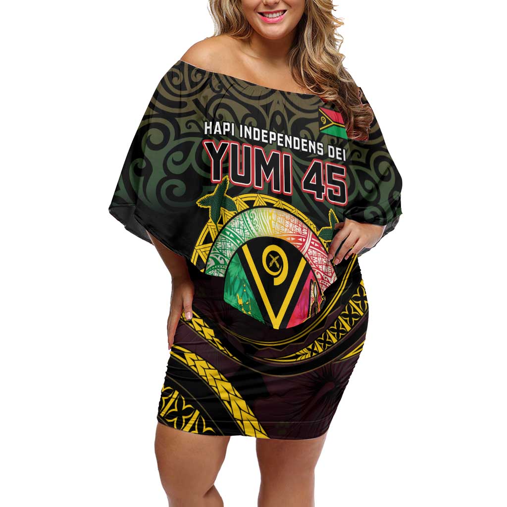 Personalised Vanuatu Off Shoulder Short Dress Yumi 45th Hapi Independens Dei - Black Version LT14 Women Black - Polynesian Pride