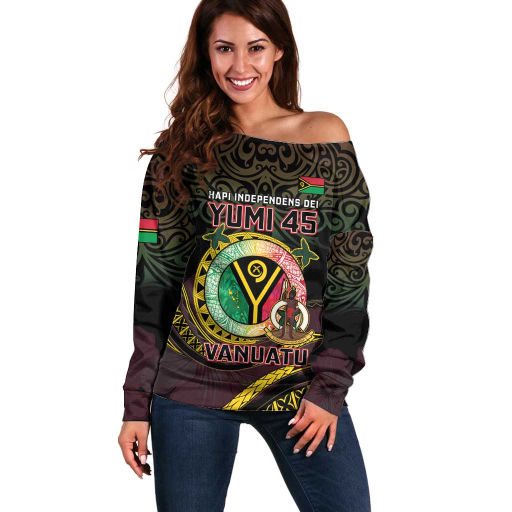 Personalised Vanuatu Off Shoulder Sweater Yumi 45th Hapi Independens Dei - Black Version LT14