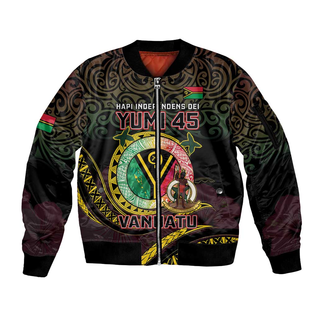 Personalised Vanuatu Sleeve Zip Bomber Jacket Yumi 45th Hapi Independens Dei - Black Version LT14 Unisex Black - Polynesian Pride