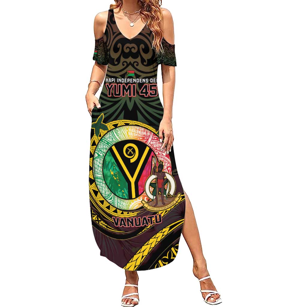 Personalised Vanuatu Summer Maxi Dress Yumi 45th Hapi Independens Dei - Black Version LT14 Women Black - Polynesian Pride