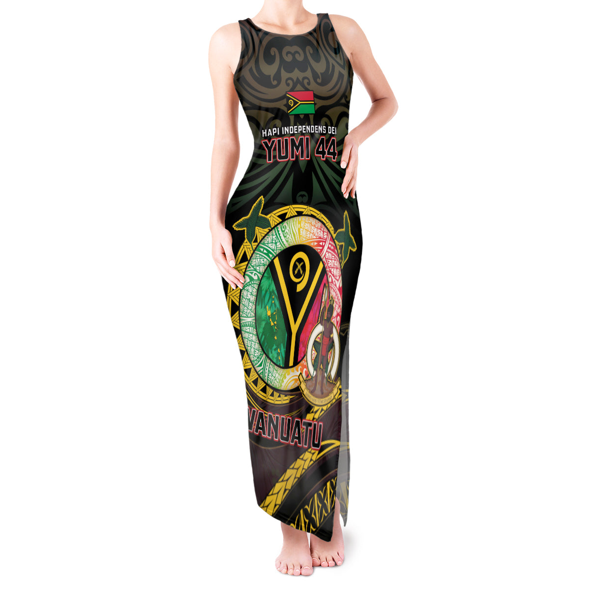 Personalised Vanuatu Tank Maxi Dress Yumi 44 Hapi Independens Dei - Black Version