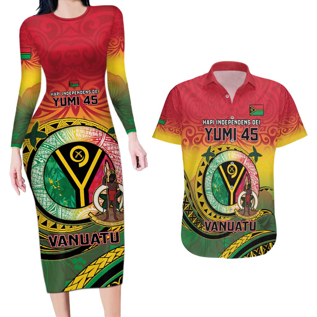 Personalised Vanuatu Couples Matching Long Sleeve Bodycon Dress and Hawaiian Shirt Yumi 45th Hapi Independens Dei - Reggae Version LT14 Reggae - Polynesian Pride