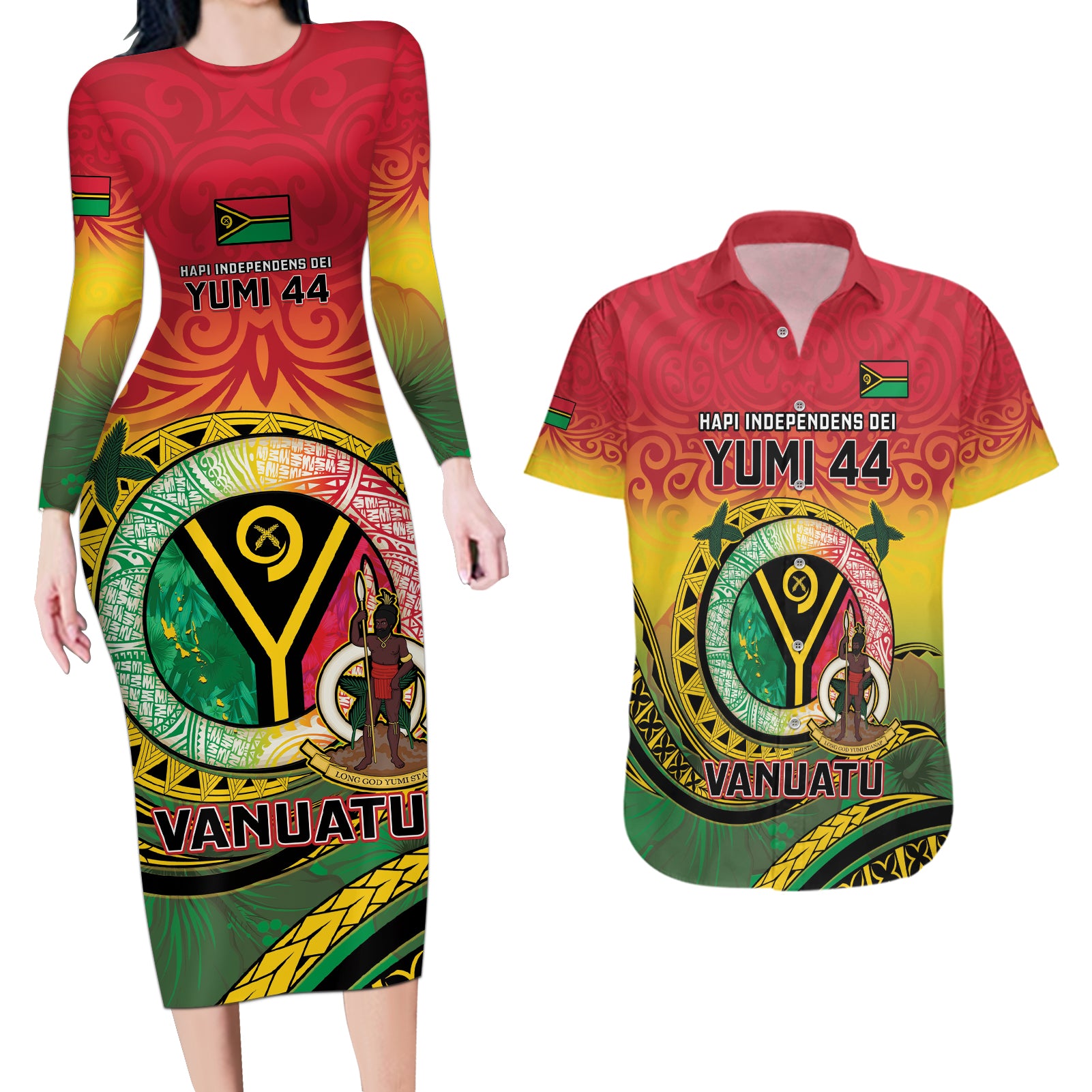 Personalised Vanuatu Couples Matching Long Sleeve Bodycon Dress and Hawaiian Shirt Yumi 44 Hapi Independens Dei - Reggae Version