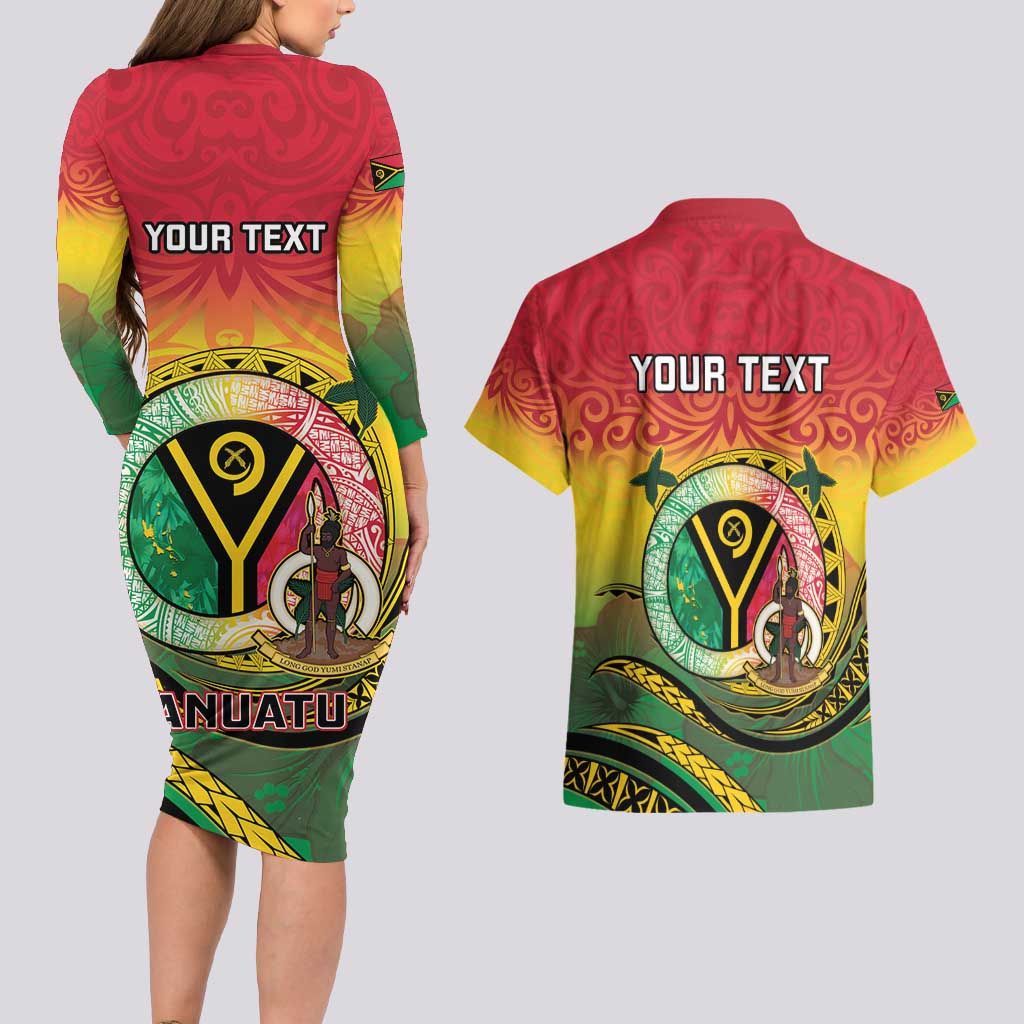 Personalised Vanuatu Couples Matching Long Sleeve Bodycon Dress and Hawaiian Shirt Yumi 45th Hapi Independens Dei - Reggae Version LT14 - Polynesian Pride