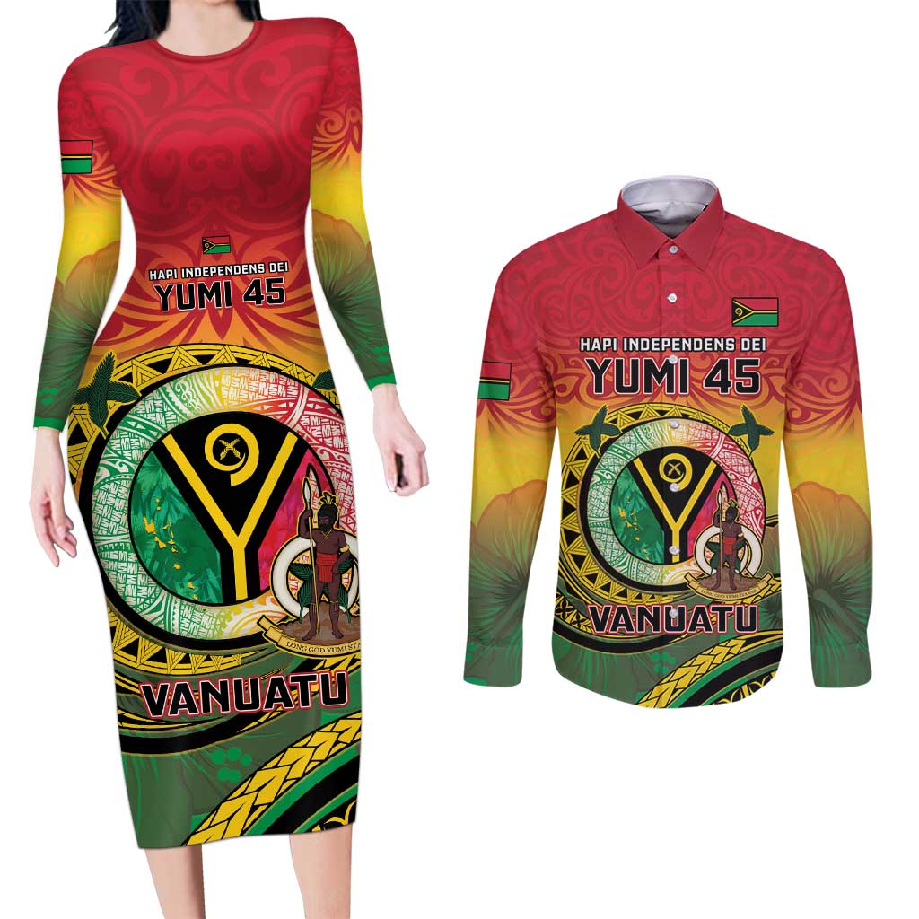 Personalised Vanuatu Couples Matching Long Sleeve Bodycon Dress and Long Sleeve Button Shirt Yumi 45th Hapi Independens Dei - Reggae Version LT14 Reggae - Polynesian Pride