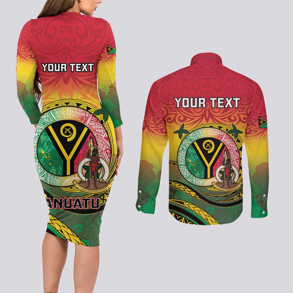 Personalised Vanuatu Couples Matching Long Sleeve Bodycon Dress and Long Sleeve Button Shirt Yumi 45th Hapi Independens Dei - Reggae Version LT14 - Polynesian Pride