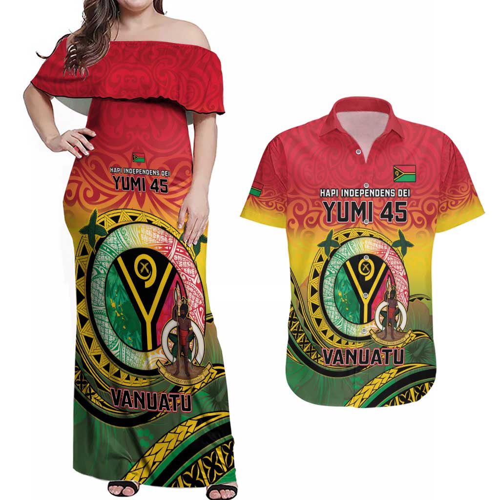 Personalised Vanuatu Couples Matching Off Shoulder Maxi Dress and Hawaiian Shirt Yumi 45th Hapi Independens Dei - Reggae Version LT14