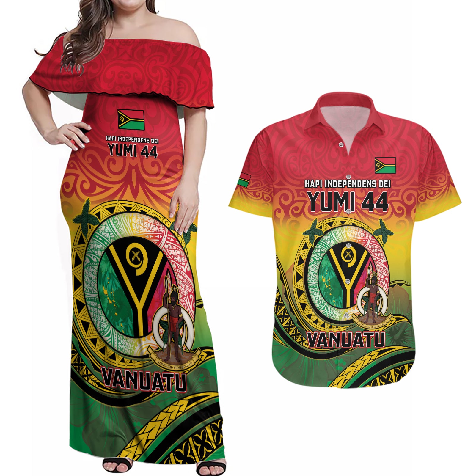 Personalised Vanuatu Couples Matching Off Shoulder Maxi Dress and Hawaiian Shirt Yumi 44 Hapi Independens Dei - Reggae Version