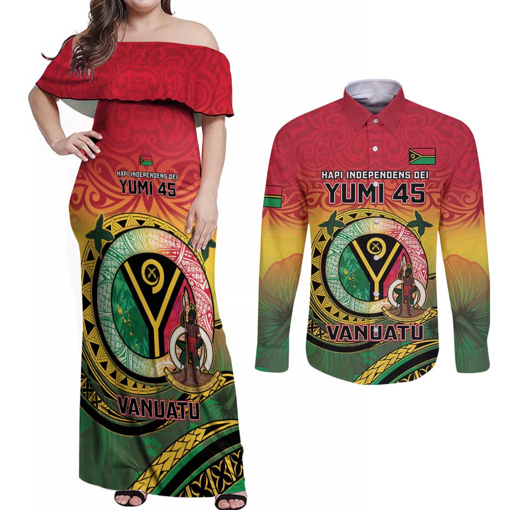 Personalised Vanuatu Couples Matching Off Shoulder Maxi Dress and Long Sleeve Button Shirt Yumi 45th Hapi Independens Dei - Reggae Version LT14 Reggae - Polynesian Pride