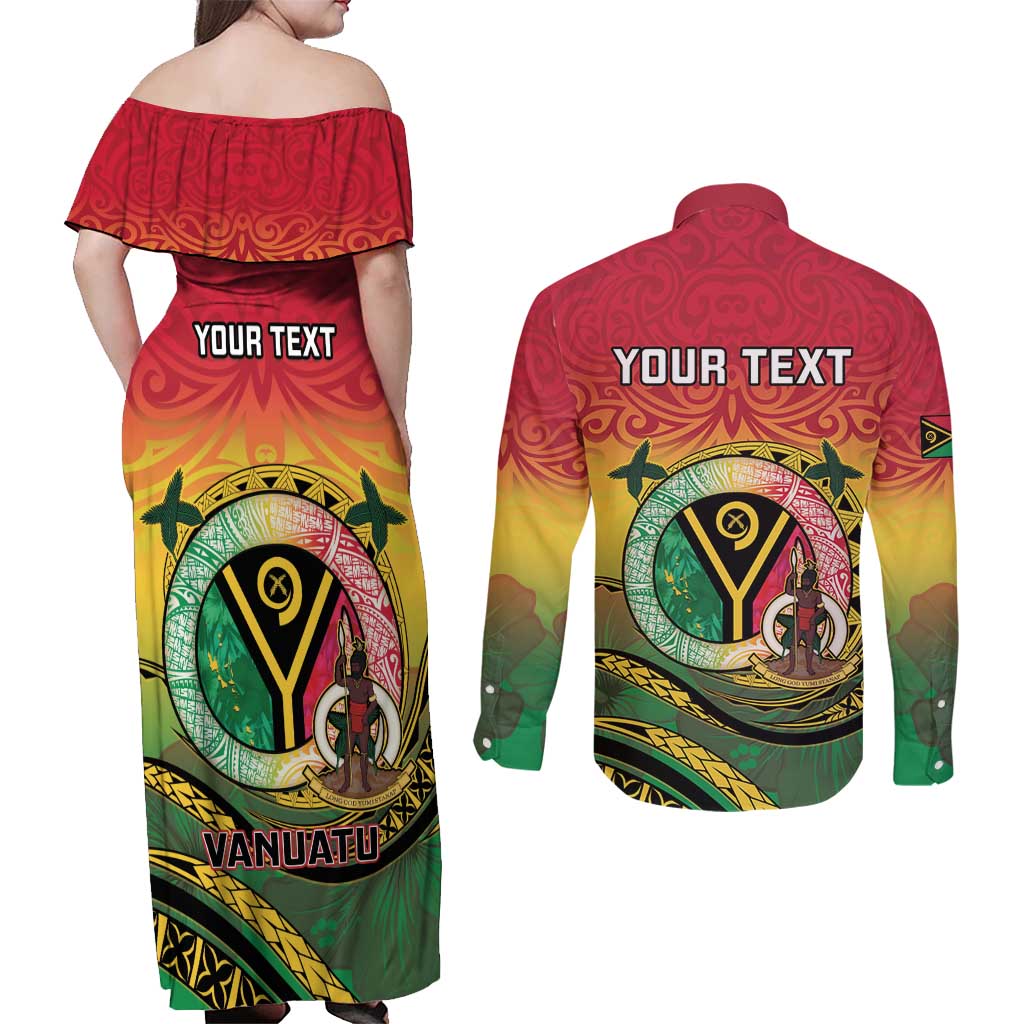 Personalised Vanuatu Couples Matching Off Shoulder Maxi Dress and Long Sleeve Button Shirt Yumi 45th Hapi Independens Dei - Reggae Version LT14 - Polynesian Pride