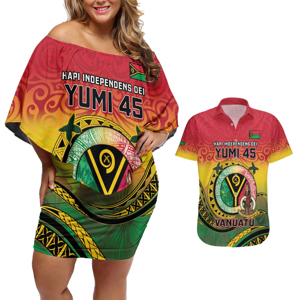 Personalised Vanuatu Couples Matching Off Shoulder Short Dress and Hawaiian Shirt Yumi 45th Hapi Independens Dei - Reggae Version LT14 Reggae - Polynesian Pride
