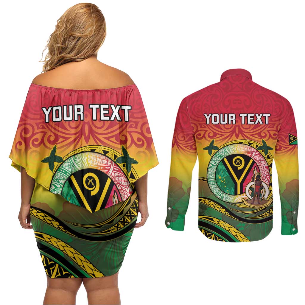 Personalised Vanuatu Couples Matching Off Shoulder Short Dress and Long Sleeve Button Shirt Yumi 45th Hapi Independens Dei - Reggae Version LT14 - Polynesian Pride
