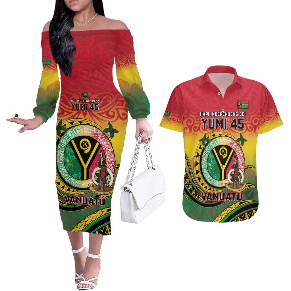 Personalised Vanuatu Couples Matching Off The Shoulder Long Sleeve Dress and Hawaiian Shirt Yumi 45th Hapi Independens Dei - Reggae Version LT14 Reggae - Polynesian Pride