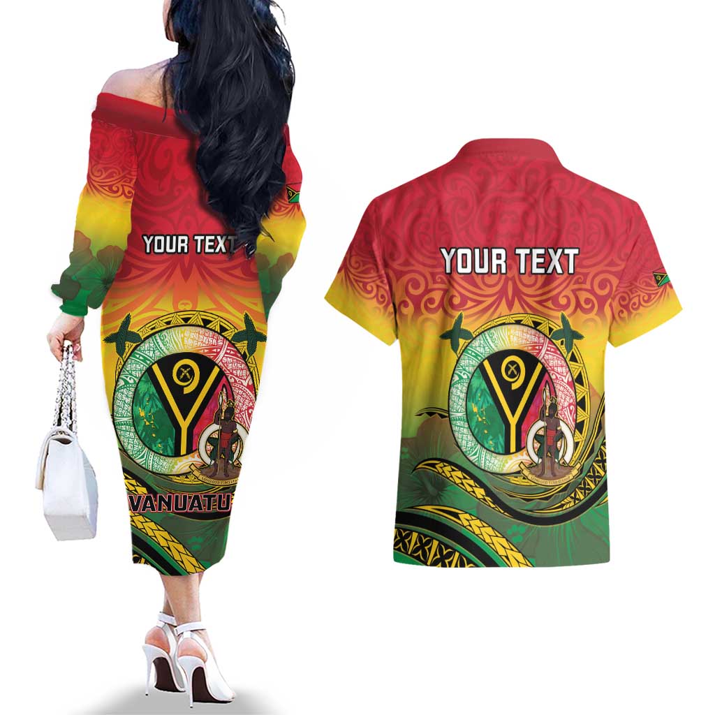 Personalised Vanuatu Couples Matching Off The Shoulder Long Sleeve Dress and Hawaiian Shirt Yumi 45th Hapi Independens Dei - Reggae Version LT14 - Polynesian Pride