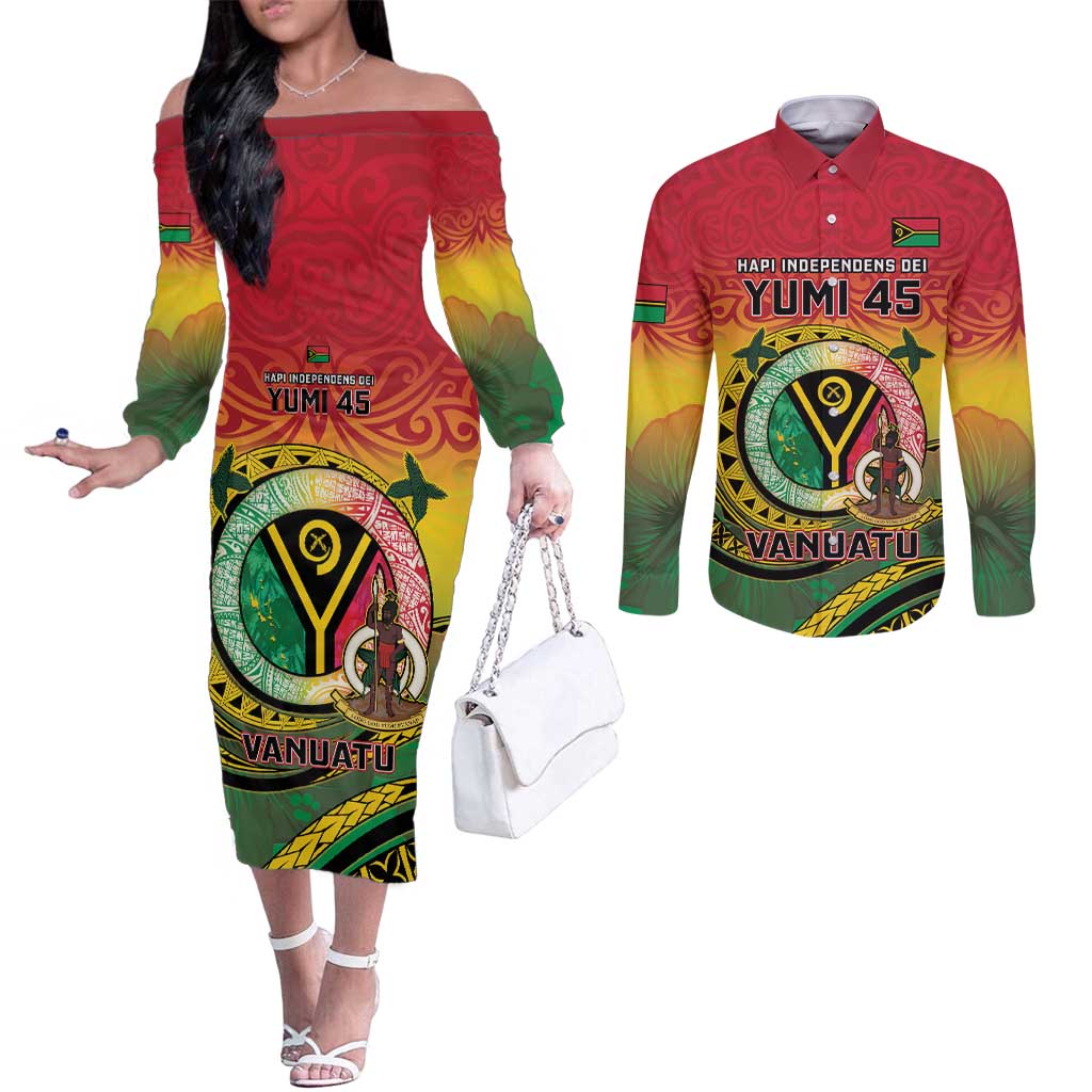 Personalised Vanuatu Couples Matching Off The Shoulder Long Sleeve Dress and Long Sleeve Button Shirt Yumi 45th Hapi Independens Dei - Reggae Version LT14 Reggae - Polynesian Pride