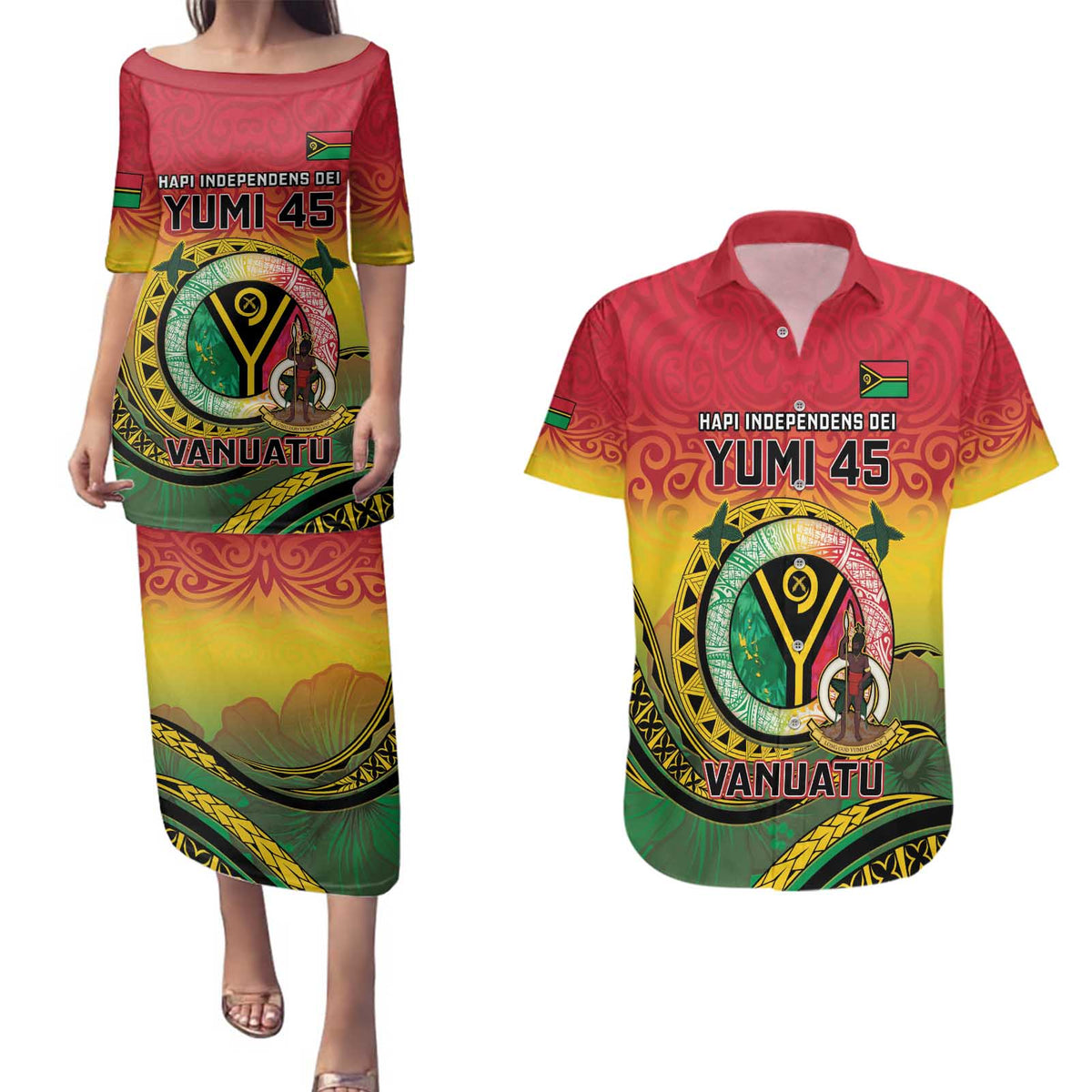 Personalised Vanuatu Couples Matching Puletasi and Hawaiian Shirt Yumi 45th Hapi Independens Dei - Reggae Version LT14 Reggae - Polynesian Pride