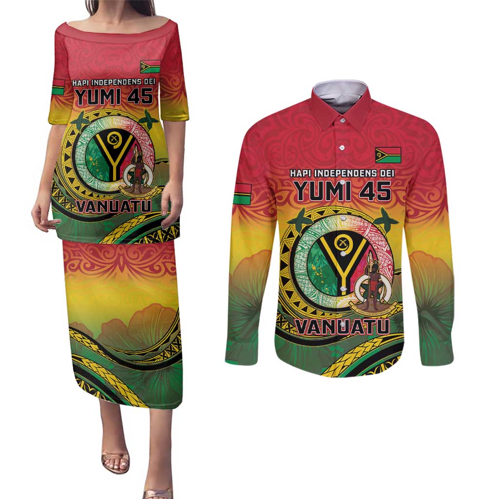 Personalised Vanuatu Couples Matching Puletasi and Long Sleeve Button Shirt Yumi 45th Hapi Independens Dei - Reggae Version LT14 Reggae - Polynesian Pride