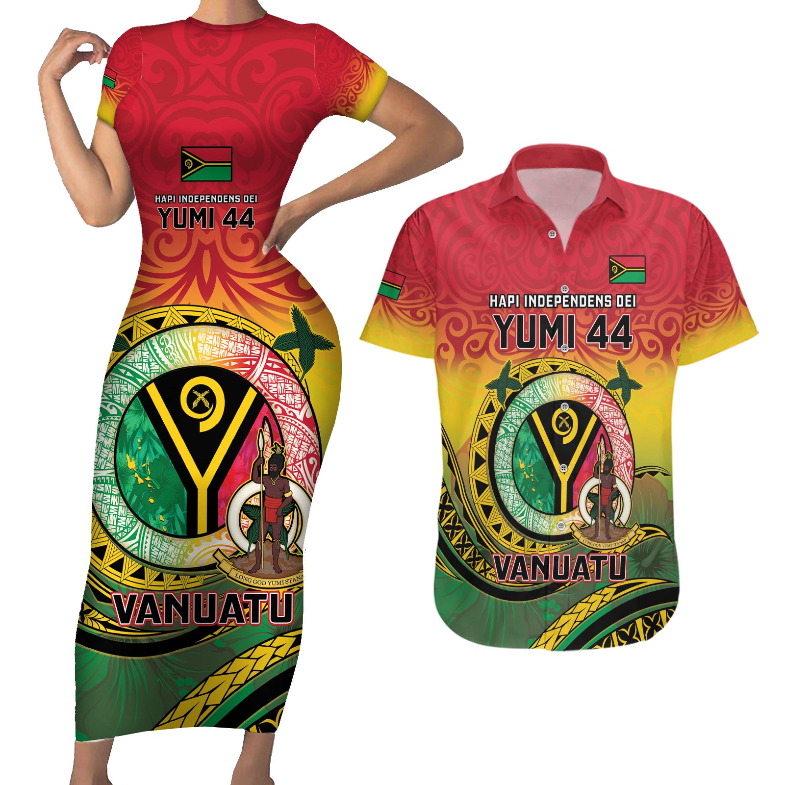 Personalised Vanuatu Couples Matching Short Sleeve Bodycon Dress and Hawaiian Shirt Yumi 44 Hapi Independens Dei - Reggae Version