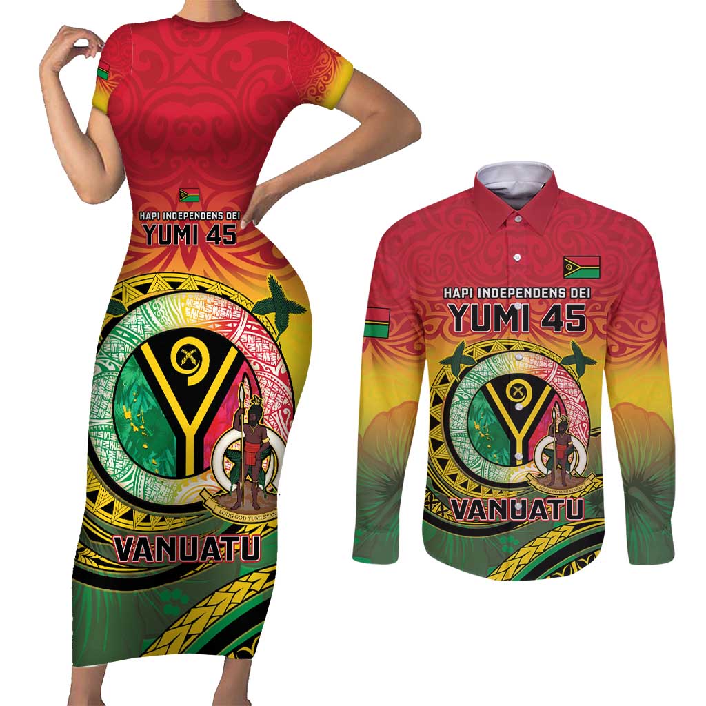 Personalised Vanuatu Couples Matching Short Sleeve Bodycon Dress and Long Sleeve Button Shirt Yumi 45th Hapi Independens Dei - Reggae Version LT14 Reggae - Polynesian Pride