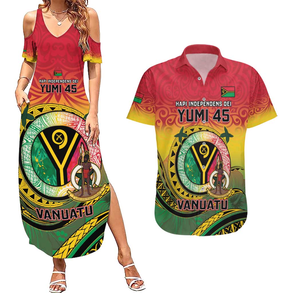 Personalised Vanuatu Couples Matching Summer Maxi Dress and Hawaiian Shirt Yumi 45th Hapi Independens Dei - Reggae Version LT14 Reggae - Polynesian Pride