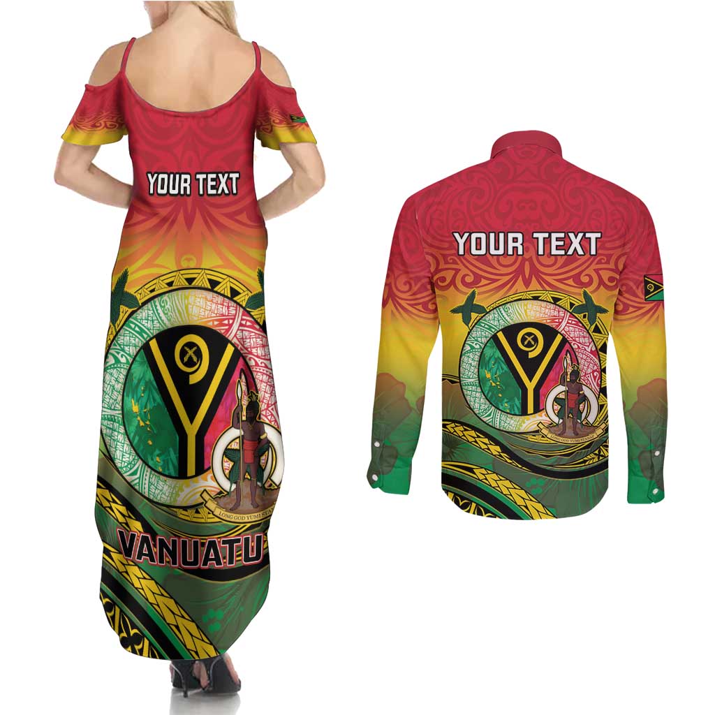 Personalised Vanuatu Couples Matching Summer Maxi Dress and Long Sleeve Button Shirt Yumi 45th Hapi Independens Dei - Reggae Version LT14 - Polynesian Pride