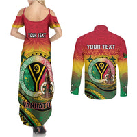 Personalised Vanuatu Couples Matching Summer Maxi Dress and Long Sleeve Button Shirt Yumi 45th Hapi Independens Dei - Reggae Version LT14 - Polynesian Pride
