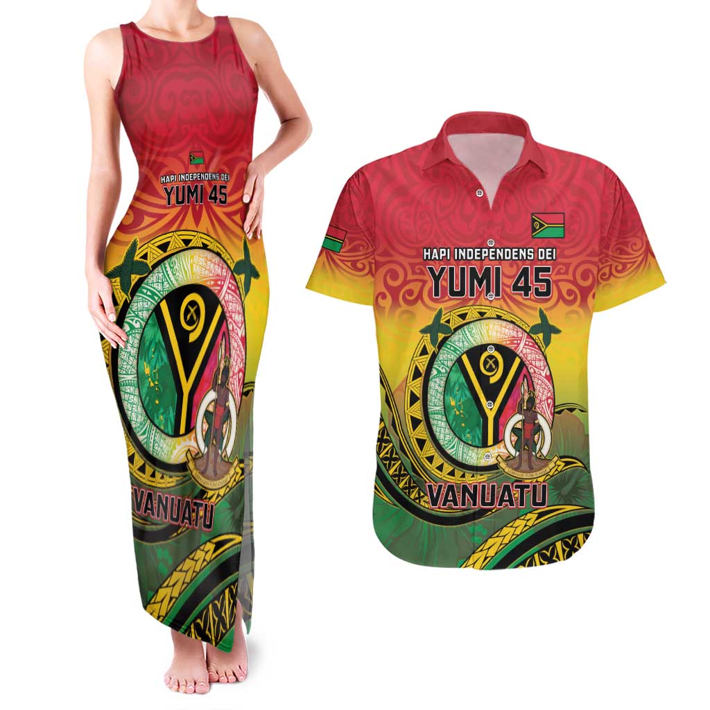Personalised Vanuatu Couples Matching Tank Maxi Dress and Hawaiian Shirt Yumi 45th Hapi Independens Dei - Reggae Version LT14 Reggae - Polynesian Pride
