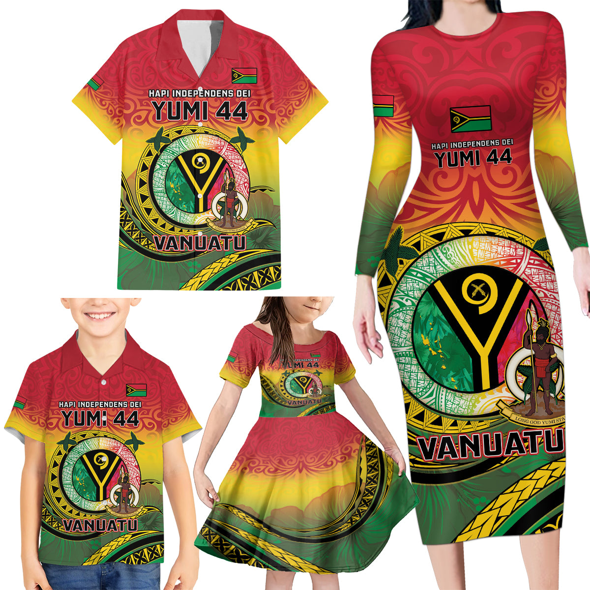 Personalised Vanuatu Family Matching Long Sleeve Bodycon Dress and Hawaiian Shirt Yumi 44 Hapi Independens Dei - Reggae Version