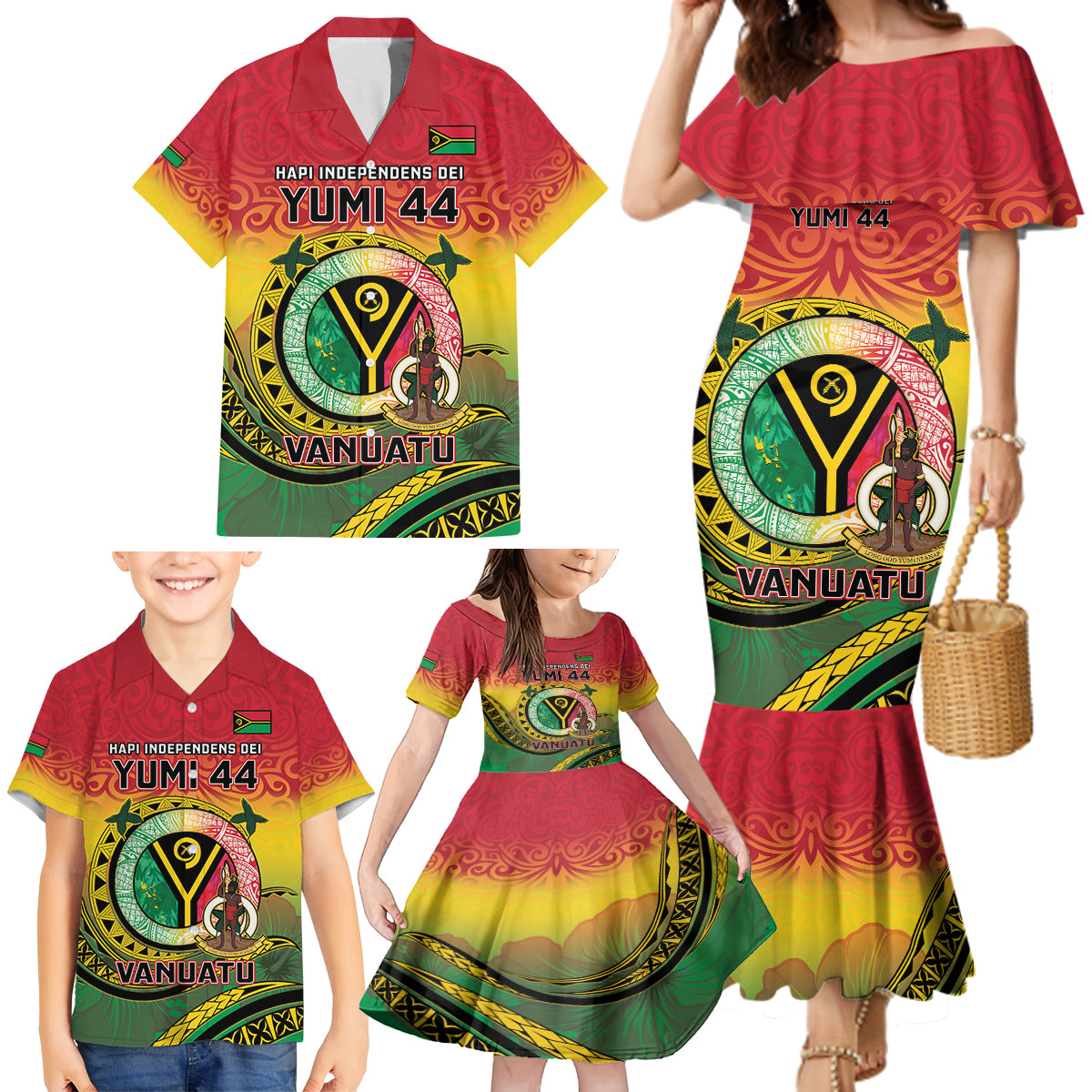 Personalised Vanuatu Family Matching Mermaid Dress and Hawaiian Shirt Yumi 44 Hapi Independens Dei - Reggae Version