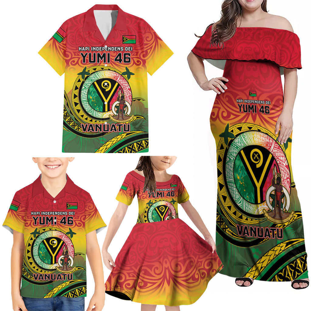 Personalised Vanuatu Family Matching Off Shoulder Maxi Dress and Hawaiian Shirt Yumi 46th Hapi Independens Dei - Reggae Version LT14 - Polynesian Pride