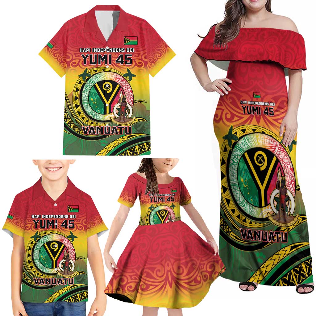 Personalised Vanuatu Family Matching Off Shoulder Maxi Dress and Hawaiian Shirt Yumi 45th Hapi Independens Dei - Reggae Version LT14 - Polynesian Pride