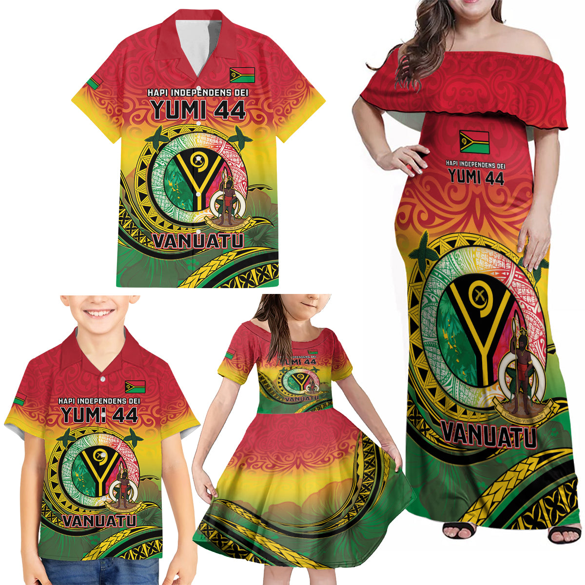 Personalised Vanuatu Family Matching Off Shoulder Maxi Dress and Hawaiian Shirt Yumi 44 Hapi Independens Dei - Reggae Version