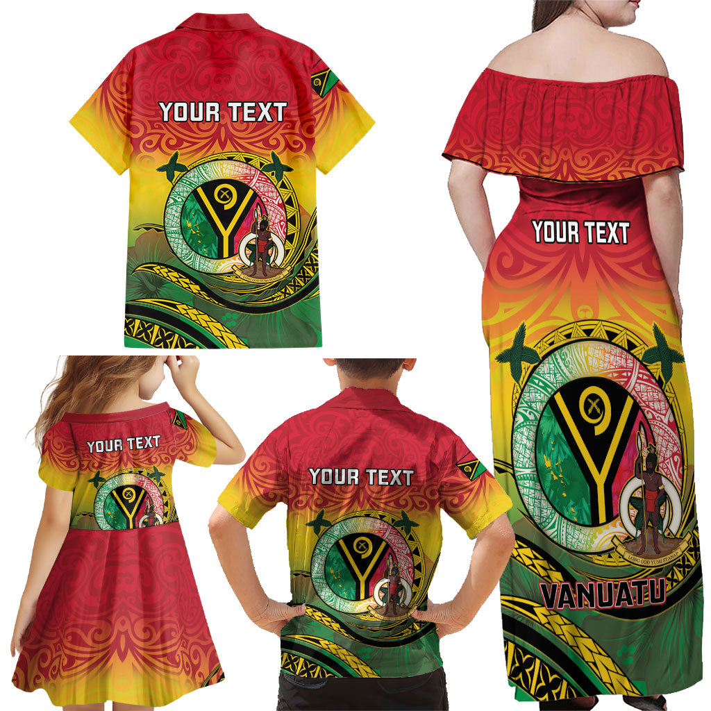 Personalised Vanuatu Family Matching Off Shoulder Maxi Dress and Hawaiian Shirt Yumi 46th Hapi Independens Dei - Reggae Version LT14 - Polynesian Pride