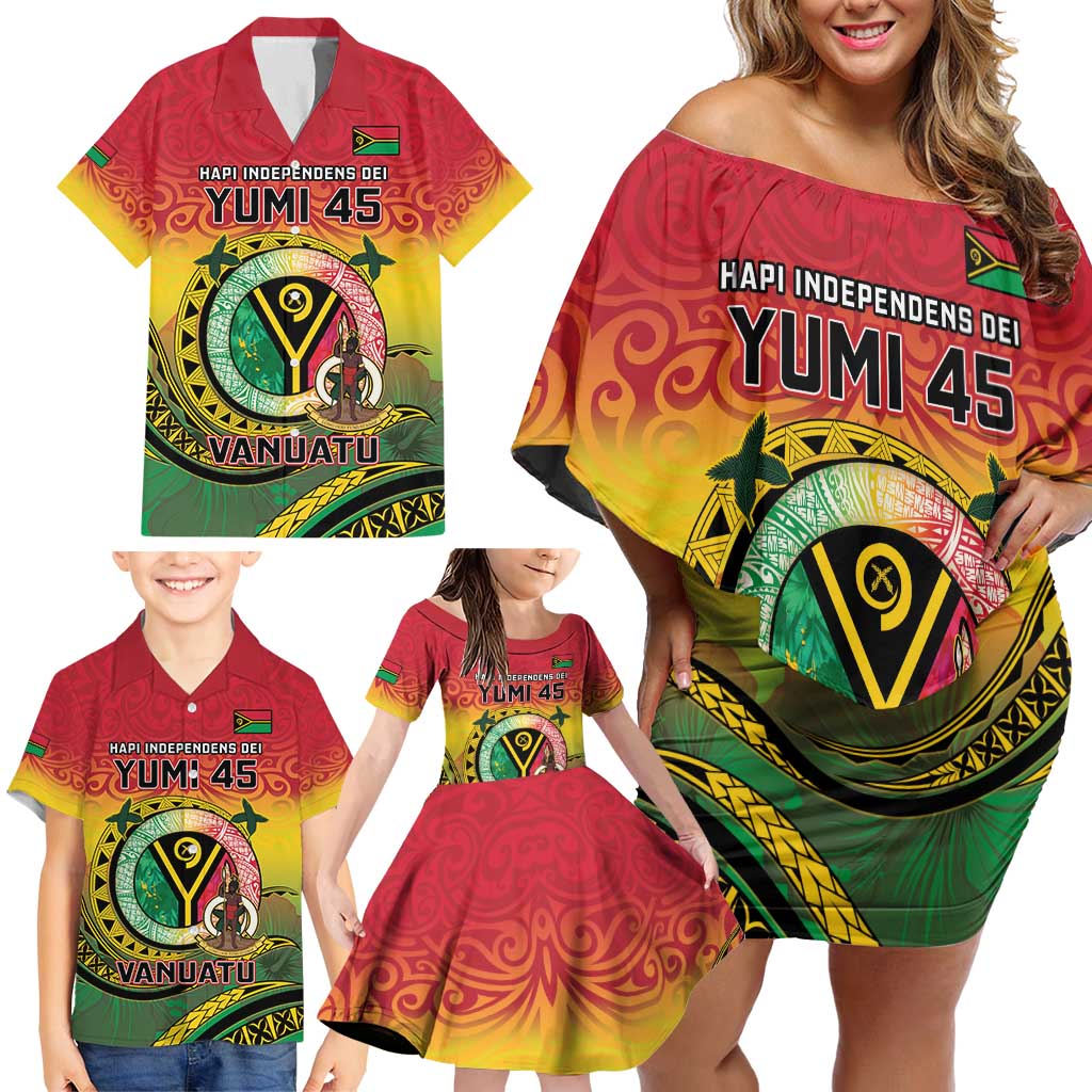 Personalised Vanuatu Family Matching Off Shoulder Short Dress and Hawaiian Shirt Yumi 45th Hapi Independens Dei - Reggae Version LT14 - Polynesian Pride