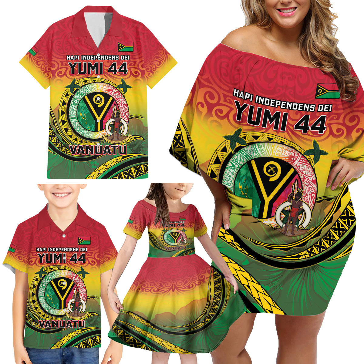 Personalised Vanuatu Family Matching Off Shoulder Short Dress and Hawaiian Shirt Yumi 44 Hapi Independens Dei - Reggae Version