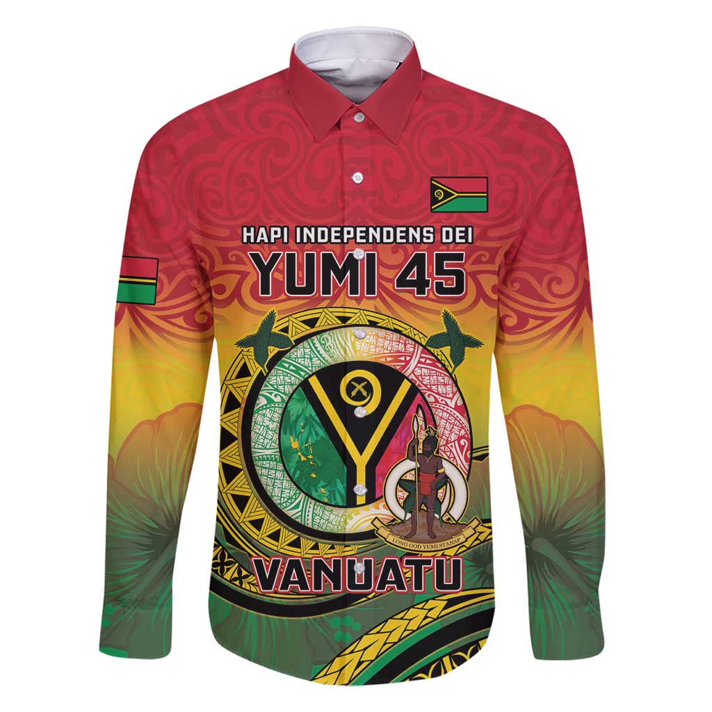 Personalised Vanuatu Family Matching Off Shoulder Short Dress and Hawaiian Shirt Yumi 45th Hapi Independens Dei - Reggae Version LT14 Dad's Shirt - Long Sleeve Reggae - Polynesian Pride