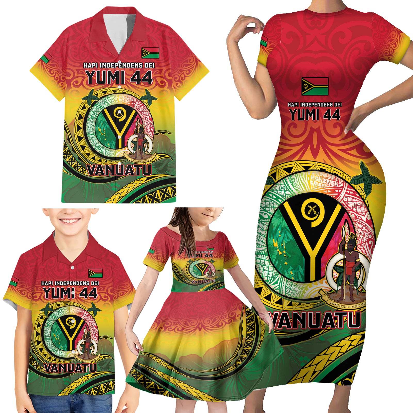 Personalised Vanuatu Family Matching Short Sleeve Bodycon Dress and Hawaiian Shirt Yumi 44 Hapi Independens Dei - Reggae Version