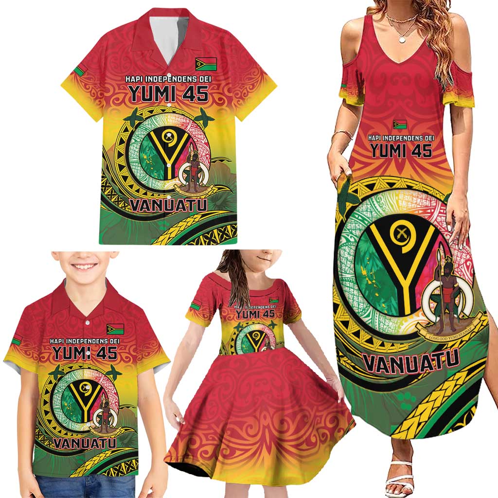 Personalised Vanuatu Family Matching Summer Maxi Dress and Hawaiian Shirt Yumi 45th Hapi Independens Dei - Reggae Version LT14 - Polynesian Pride