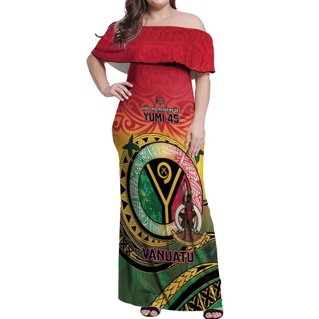 Personalised Vanuatu Off Shoulder Maxi Dress Yumi 45th Hapi Independens Dei - Reggae Version LT14 Women Reggae - Polynesian Pride
