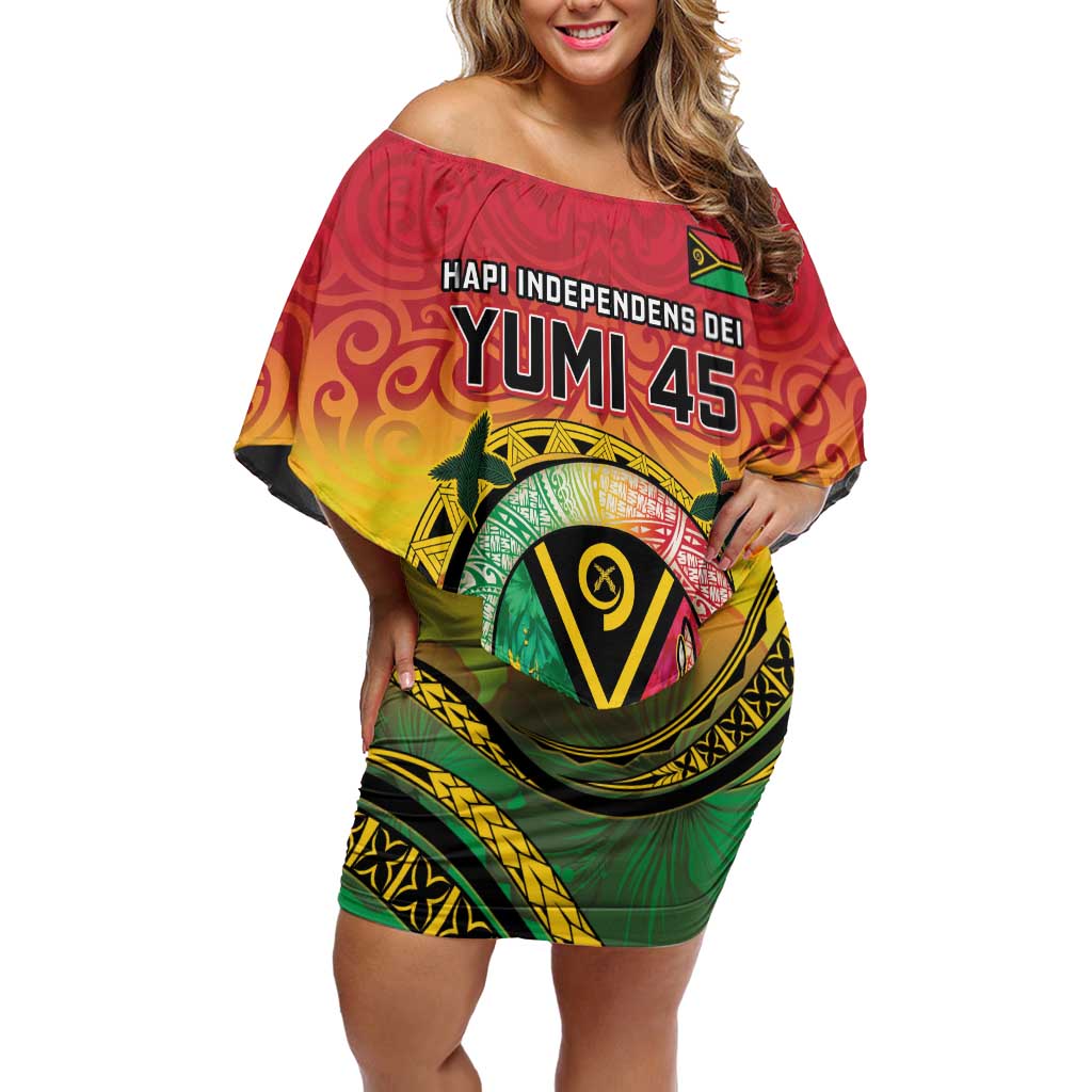 Personalised Vanuatu Off Shoulder Short Dress Yumi 45th Hapi Independens Dei - Reggae Version LT14 Women Reggae - Polynesian Pride