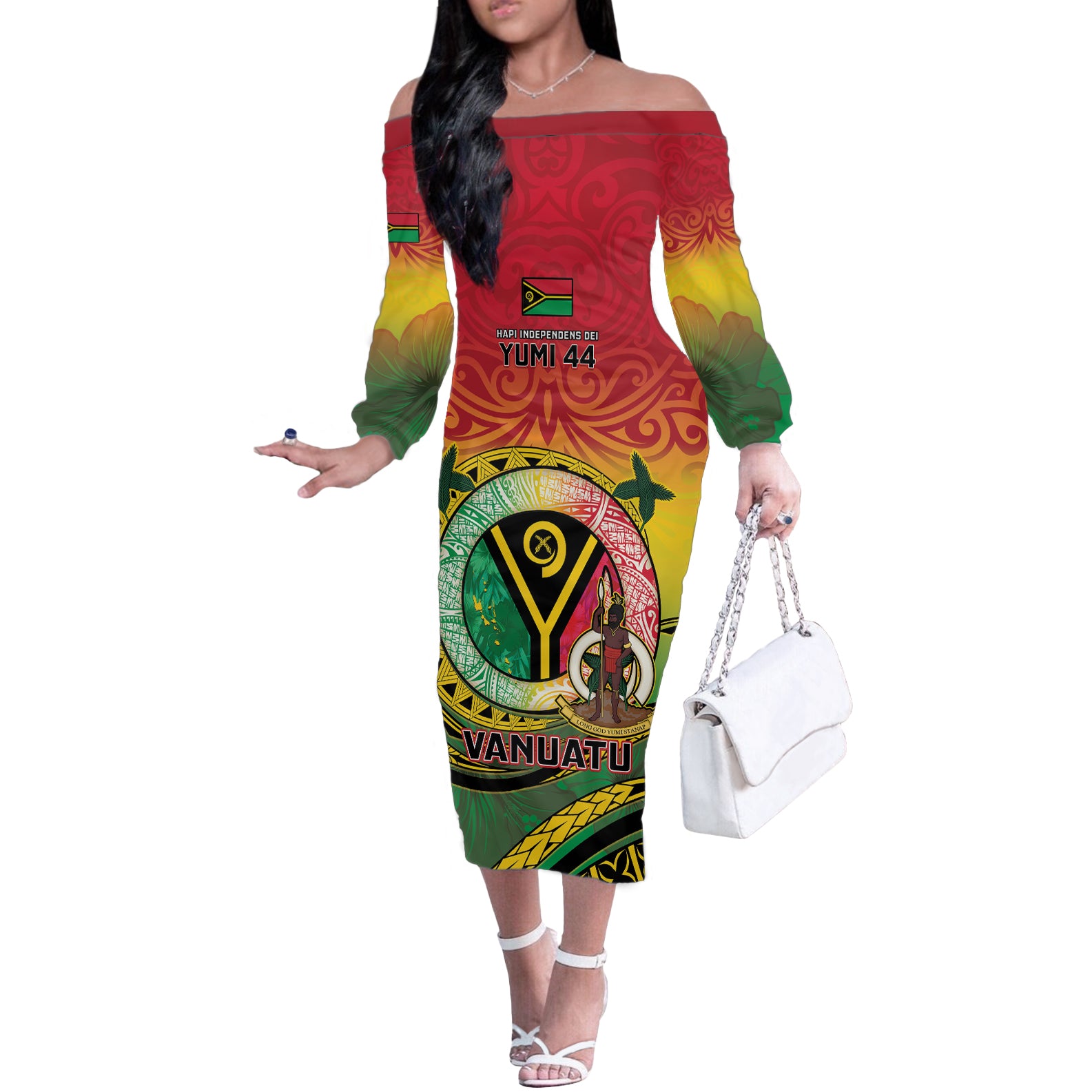 Personalised Vanuatu Off The Shoulder Long Sleeve Dress Yumi 44 Hapi Independens Dei - Reggae Version