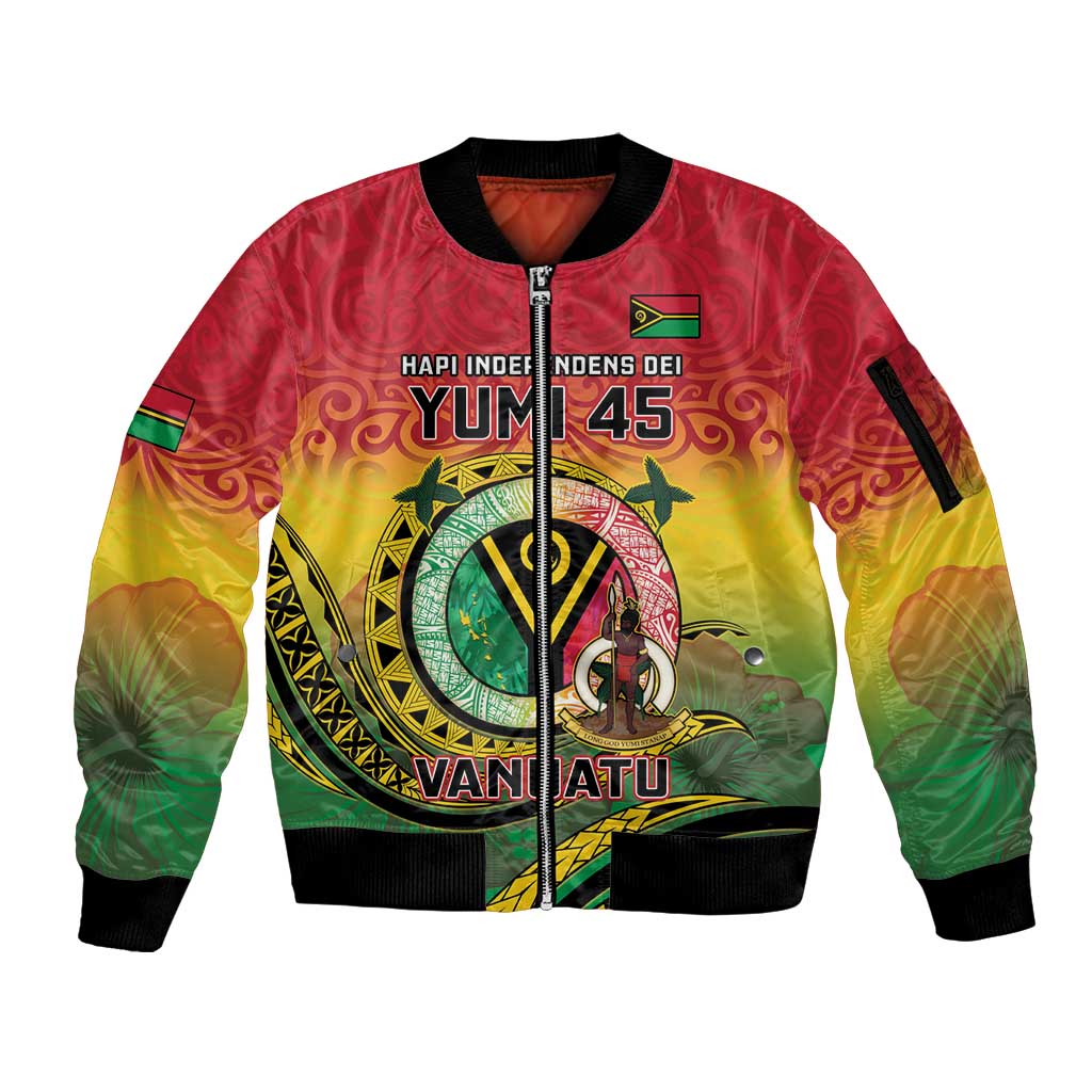 Personalised Vanuatu Sleeve Zip Bomber Jacket Yumi 45th Hapi Independens Dei - Reggae Version LT14 Unisex Reggae - Polynesian Pride