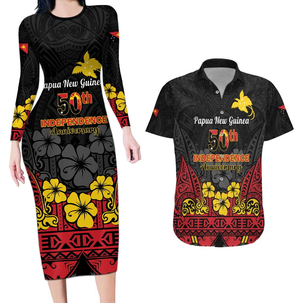 Papua New Guinea Independence Day Couples Matching Long Sleeve Bodycon Dress and Hawaiian Shirt PNG Bird of Paradise 50th Anniversary LT14 Black - Polynesian Pride