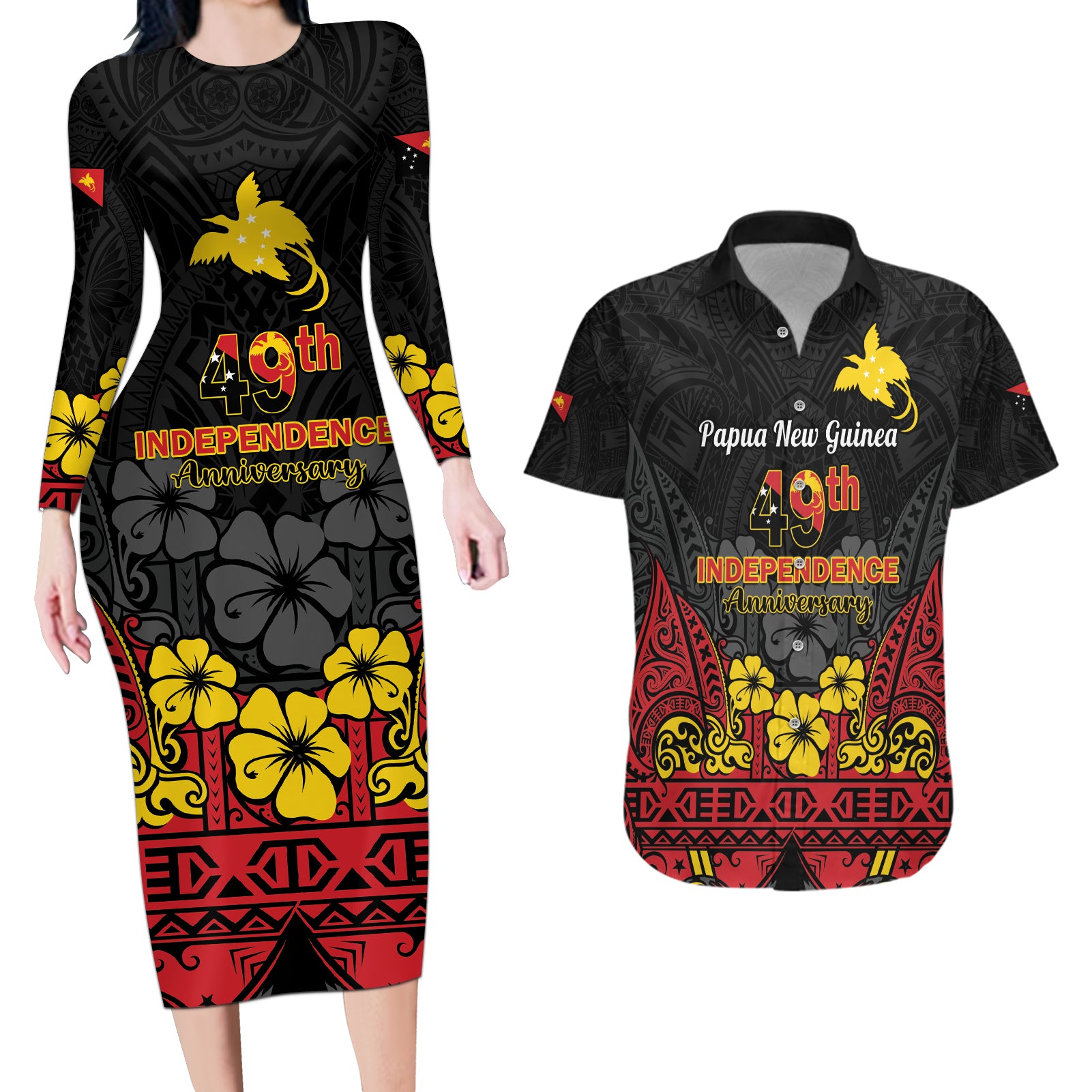 Papua New Guinea Independence Day Couples Matching Long Sleeve Bodycon Dress and Hawaiian Shirt PNG Bird of Paradise 49th Anniversary